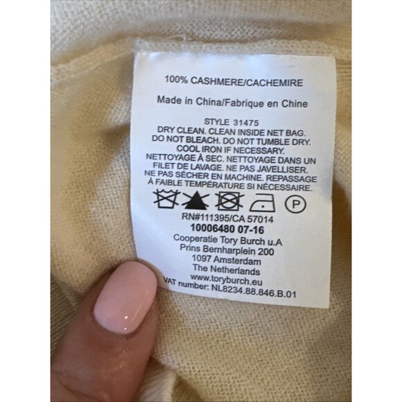 Tory Burch Gemini Size Small Link 100% Cashmere Cream Sweater $325 Logo - Picture 7 of 15